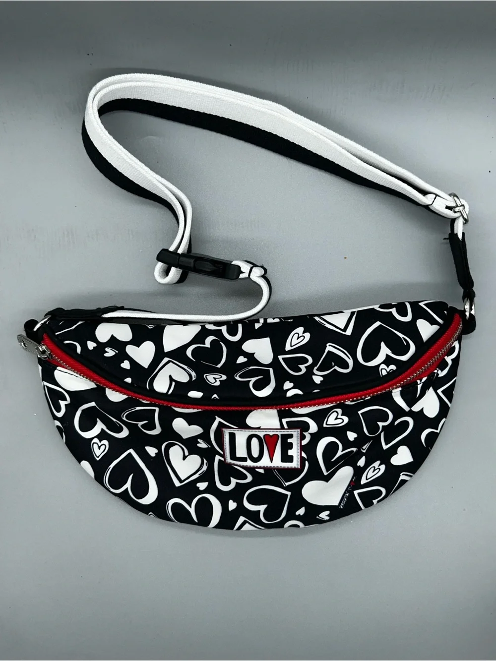 Brighton Black & White Heart-Print Crossbody with Red Zipper